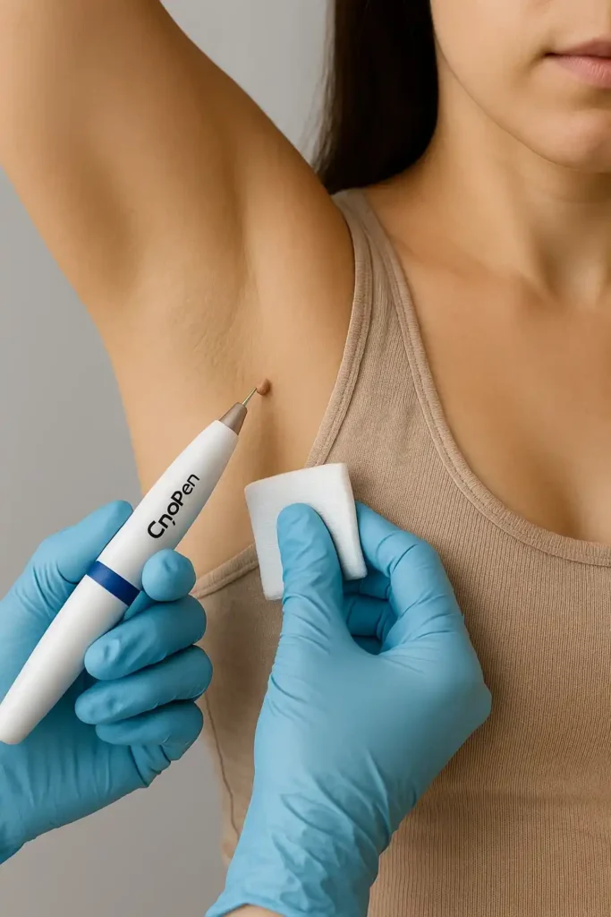 woman having cryopen to remove underarm skin tags Port Glasgow